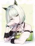  :| absurdres animal_ears arknights cat_ears cdrp0k closed_mouth collarbone detached_sleeves elbows_on_table green_eyes hand_on_own_face highres kal&#039;tsit_(arknights) oripathy_lesion_(arknights) stethoscope tank_top triangle_print upper_body watch white_hair wristwatch 