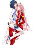  2girls ass_grab blue_hair darling_in_the_franxx green_eyes highres holding_hands ichigo_(darling_in_the_franxx) long_hair looking_at_viewer multiple_girls official_alternate_costume pink_hair plugsuit ratana_satis short_hair signature white_background yuri zero_two_(darling_in_the_franxx) 