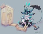  ambiguous_gender anthro avali avali_(original) blue_body box claws container cybernetics cyborg feathered_wings feathers furniture hammer hi_res kivalewds lights machine paws robot sad solo tail_feathers tools white_body wings wood 