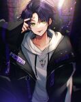  1boy :p aononchi black_jacket green_eyes hair_between_eyes highres hood hoodie jacket kenmochi_touya long_sleeves looking_at_viewer male_focus nijisanji open_clothes open_jacket purple_hair short_hair smile solo tongue tongue_out virtual_youtuber white_hoodie 