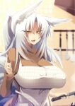  1girl animal_ears apron breasts cooking fox_ears fox_girl fox_tail highres huge_breasts kitsune kouseki0024 original solo tail white_hair 