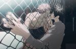  2boys bangs black_hair black_shorts blood blood_on_face blood_on_hands blurry brown_eyes chain-link_fence commentary_request eye_contact eyelashes fence fushiguro_megumi green_eyes hair_between_eyes itadori_yuuji jujutsu_kaisen k00s long_sleeves looking_at_another male_focus multiple_boys muscular muscular_male nipples outstretched_arm pink_hair shirt short_hair shorts spiked_hair topless_male undercut white_shirt yaoi 