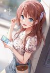  1girl :d against_pillar aqua_eyes bag bangs blurry blurry_background blush breasts brown_hair cellphone cleavage collarbone cropped_shirt earphones floral_print frilled_shirt frilled_sleeves frills from_side hair_ribbon heart highres holding holding_phone jewelry long_hair looking_at_viewer midriff necklace open_mouth original outdoors phone puffy_short_sleeves puffy_sleeves ribbon shirt short_sleeves shoulder_bag skirt smartphone smile solo standing translation_request two_side_up wireless_earphones zattape 