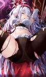  1girl absurdres age_fx arms_behind_head azur_lane bangs black_legwear blue_eyes blush breasts elbing_(azur_lane) elbing_(the_throne_of_misfortune)_(azur_lane) elbow_gloves feet_out_of_frame gloves heterochromia highres long_hair looking_at_viewer lying medium_breasts navel official_alternate_costume on_back open_mouth panties panties_under_pantyhose pantyhose red_eyes solo tank_top torn_clothes torn_legwear twintails underwear white_gloves white_hair white_panties white_tank_top 