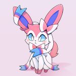  2022 absurd_res ambiguous_gender blue_eyes blush blush_lines eeveelution fluffy fur gloves_(marking) hi_res kemono markings nintendo park_horang pink_background pink_body pink_fur pink_tail pok&eacute;mon pok&eacute;mon_(species) shaded simple_background simple_shading sitting solo sylveon video_games white_body white_fur 