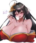  1girl absurdres ahoge artist_name azur_lane bangs bare_shoulders bird_mask black_hair bow breasts cleavage collarbone crossed_bangs hair_ribbon highres huge_breasts japanese_clothes kimono long_hair looking_at_viewer mask mask_on_head naughty_face off_shoulder pon_niki_ode red_eyes red_kimono ribbon signature smile solo striped striped_bow taihou_(azur_lane) tongue tongue_out twintails very_long_hair 