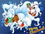  alolan_ninetales alolan_vulpix animal_focus artist_name blue_background blue_eyes bow bright_pupils capelet christmas closed_eyes closed_mouth delibird english_text full_body fur-trimmed_capelet fur_trim gift hair_bow hat holding holding_gift jumping kemonomichi_(blue_black) looking_at_another no_humans open_mouth pokemon pokemon_(creature) santa_hat snowflakes star_(symbol) walking white_pupils 