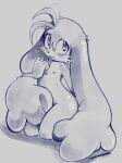  anthro arched_back blush covering covering_self fangs head_tuft hi_res klonoa klonoa_(series) kneeling looking_at_viewer male monochrome nipples nude open_mouth pepamintop raised_shoulders shy solo tuft video_games 