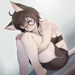  1girl :3 absurdres ahoge animal_ears black-framed_eyewear black_shorts blue_eyes blush body_fur breasts cat_ears cat_girl cat_tail closed_mouth commentary_request furry furry_female glasses gradient gradient_background grey_background highres korean_commentary legs looking_at_viewer medium_breasts original round_eyewear short_hair shorts sitting solo tail white_fur whooo-ya 