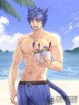  1boy abs absurdres animal_ears beach blue_eyes blue_hair cat_ears cat_tail final_fantasy final_fantasy_xiv highres kurohitsuji_th male_focus miqo&#039;te muscular nipples tail 