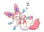  2022 ambiguous_gender blush blush_lines bodily_fluids cute_fangs drooling eeveelution eyes_closed feet_up feral fluffy fluffy_tail fur gloves_(marking) hi_res kemono leg_markings lying markings nintendo open_mouth park_horang pink_body pink_fur pink_tail pok&eacute;mon pok&eacute;mon_(species) saliva shaded simple_shading sleeping socks_(marking) solo sound_effects sylveon video_games white_body white_fur zzz 