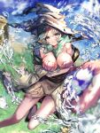  1girl absurdres between_breasts blue_sky breasts cloud cloudy_sky foot_out_of_frame forehead_jewel green_eyes green_hair hat highres large_breasts long_hair looking_at_viewer magi_the_labyrinth_of_magic momongapoketto outdoors plant rock shell shell_bikini sky solo water witch_hat yamuraiha 