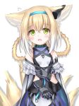  1girl :d animal_ear_fluff animal_ears arknights bangs bare_shoulders black_gloves blonde_hair blue_hairband blush braid breasts cloak commentary_request covered_collarbone flying_sweatdrops fox_ears fox_girl fox_tail gloves green_eyes hair_between_eyes hair_rings hairband highres infection_monitor_(arknights) kitsune langley1000 long_hair looking_at_viewer open_mouth oripathy_lesion_(arknights) purple_shirt purple_skirt revision shirt simple_background skirt sleeveless sleeveless_shirt small_breasts smile solo suzuran_(arknights) tail twin_braids white_background white_cloak white_shirt 