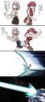  2girls absurdres anger_vein ass-to-ass braid breasts collar commentary dorianpanda earth_(planet) energy_beam gloves green_eyes grey_hair heterochromia highres hololive houshou_marine large_breasts miniskirt multiple_girls open_mouth planet red_eyes red_hair shirogane_noel skirt smile space thighhighs translated twintails v-shaped_eyebrows virtual_youtuber white_gloves yellow_eyes zettai_ryouiki 