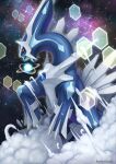  animal_focus black_sclera closed_mouth cloud colored_sclera dialga energy_ball feet_out_of_frame flying gem kemonomichi_(blue_black) no_humans pokemon pokemon_(creature) red_eyes solo space star_(sky) twitter_username 