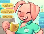  2022 anthro beverage breasts cleavage clothed clothing coffee dialogue domestic_pig english_text eyes_closed female lilmoonie mammal mug oinky_(lilmoonie) pink_body pink_skin smile solo suid suina sus_(pig) text unbuttoned_shirt 