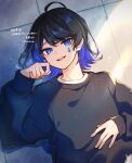  1girl aononchi black_hair black_shirt blue_eyes blue_hair genshin_impact long_sleeves looking_at_viewer lying multicolored_hair on_back shirt short_hair solo teardrop tears yelan_(genshin_impact) 