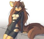  anthro apogee_(tinygaypirate) black_clothing black_dress breasts brown_body brown_eyes brown_fur brown_hair canid canine canis cheek_tuft claws cleavage cleavage_cutout clothed clothing digital_media_(artwork) domestic_dog dress ear_piercing facial_piercing facial_tuft female fingers fur hair hi_res long_hair looking_aside looking_away looking_back mammal markings open_mouth piercing simple_background sitting smile solo spitz tinygaypirate topwear tuft under_boob 