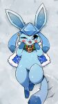  2021 absurd_res ambiguous_gender blue_body blush blush_lines christmas clothing eeveelution fluffy_ears glaceon hi_res holidays kemono looking_at_viewer lying nintendo open_mouth park_horang paws_on_face pok&eacute;ball pok&eacute;mon pok&eacute;mon_(species) robe snow snowing solo video_games 