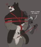  anthro anthro_on_anthro back_muscles bdsm biceps big_butt blush bondage bound bound_wrists brown_body brown_fur butt canid canine canis dialogue duo english_text exclamation_point eyebrows fur horrorbuns hudson_(horrorbuns) male male/male mammal muscular muscular_anthro muscular_male muscular_thighs narrowed_eyes open_mouth open_smile quads restraints rope rope_bondage rope_harness size_difference small_dom_big_sub smile surprise teeth text thick_thighs tongue white_body white_fur wolf 
