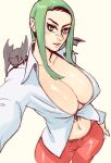  1girl bat breasts cleavage collared_shirt cromwaits green_eyes green_hair highres large_breasts long_hair long_sleeves looking_at_viewer midriff morrigan_aensland navel pants parted_lips red_pants shirt simple_background smile solo vampire_(game) white_shirt yellow_background 