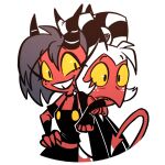  advos arm_around_neck black_hair bow_tie breasts clothed clothing demon digital_media_(artwork) duo female hair hand_on_hip helluva_boss hi_res horn humanoid imp male millie_(helluva_boss) moxxie_(helluva_boss) not_furry open_mouth red_body simple_background smile topwear 