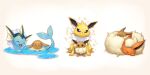  animal_focus brown_background brown_eyes closed_eyes covered_eyes eevee electricity facing_another fins flareon hair_over_eyes highres jolteon kemonomichi_(blue_black) lying lying_on_another no_humans open_mouth partially_submerged pokemon pokemon_(creature) puddle purple_eyes sitting sleeping vaporeon wet 