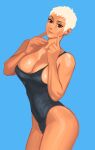  1girl bangs black_eyes black_swimsuit blue_background breasts cleavage cowboy_shot cromwaits hands_up index_finger_raised large_breasts looking_at_viewer one-piece_swimsuit original shadow short_hair simple_background smile solo swimsuit white_hair 