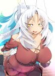  1girl animal_ears bag breasts brick_floor cleavage fox_ears fox_girl highres holding_hands huge_breasts kitsune kouseki0024 long_hair long_sleeves looking_at_viewer off-shoulder_shirt off_shoulder open_mouth original running shirt slit_pupils smile solo_focus v-shaped_eyebrows white_hair 