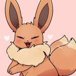  &lt;3 1:1 2022 ambiguous_gender blush blush_lines brown_body brown_fur cute_fangs dipstick_tail eevee eye_glint eyes_closed fur inner_ear_fluff kemono markings neck_tuft nintendo open_mouth park_horang pink_background pok&eacute;mon pok&eacute;mon_(species) shaded simple_background simple_shading solo tail_markings tail_motion tailwag tuft video_games 