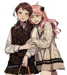  2girls anya_(spy_x_family) becky_blackbell black_dress black_hair brown_eyes commentary cosiecottage dress green_eyes highres hug long_hair multiple_girls older pink_hair smiley_face spy_x_family twitter_username white_dress 