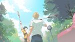  2boys :d arm_up badminton_racket black_shorts blonde_hair blue_sky clock cloud day fish191101756 green_hair highres male_focus miyasumi_tatsuru multiple_boys outdoors racket ryman&#039;s_club screentones shiratori_mikoto_(ryman&#039;s_club) shirt short_sleeves shorts sky smile t-shirt tree white_shirt yellow_shirt younger 