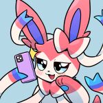  1:1 2021 :3 ambiguous_gender blue_background blue_eyes blush blush_lines eeveelution fur hi_res holding_object holding_phone kemono narrowed_eyes nintendo park_horang phone pink_body pink_fur pok&eacute;mon pok&eacute;mon_(species) ribbons simple_background smug solo sparkles sylveon video_games white_body 