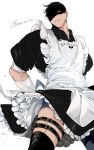  1boy 2022 apron back_bow black_dress black_hair black_legwear bow collared_dress cowboy_shot crossdressing dated dress earrings eyes_in_shadow frilled_apron frilled_dress frills gloves highres jewelry k-bone looking_down maid maid_apron male_focus original puffy_short_sleeves puffy_sleeves short_hair short_sleeves signature sleeve_cuffs solo thigh_strap very_short_hair white_apron white_background white_gloves yellow_eyes 
