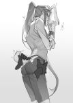  ! 1boy animal_ears ass black_pants blush disembodied_limb from_behind grabbing gradient gradient_background greyscale highres long_hair long_sleeves monochrome pants ponytail profile rabbit_boy rabbit_ears rabbit_tail shirt_tucked_in solo spoken_exclamation_mark suncle tail the_legend_of_luo_xiaohei twitter_username very_long_hair vest wuxian_(the_legend_of_luoxiaohei) 