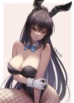  1girl animal_ears bare_arms bare_shoulders black_hair black_leotard blue_archive blue_bow blue_bowtie bow bowtie breasts cleavage closed_mouth covered_navel dark-skinned_female dark_skin detached_collar fake_animal_ears fishnet_legwear fishnets frown furrowed_brow gloves gradient_hair hair_between_eyes highleg highleg_leotard highres jurrig karin_(blue_archive) karin_(bunny)_(blue_archive) large_breasts leotard long_hair multicolored_hair pantyhose playboy_bunny ponytail rabbit_ears sidelocks solo strapless strapless_leotard twitter_username white_gloves yellow_eyes 