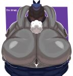  anthro areola big_areola big_breasts big_butt big_nipples breasts butt cotton_tail dark_areola dark_hair dark_nipples dialogue female fur genitals grey_body grey_fur hi_res huge_areola huge_breasts huge_butt huge_nipples johan_memoris kerchief lagomorph leporid mama_rabbit_(tmftw) mammal mostly_nude nipples presenting presenting_hindquarters presenting_pussy purple_background pussy rabbit rear_view simple_background solo text the_man_from_the_window thick_thighs wide_hips 