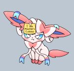  2022 ambiguous_gender black_body blue_eyes blush blush_lines chest_tuft ears_down eeveelution eye_glint fur furrowed_brow gloves_(marking) hi_res kemono leg_markings markings nintendo park_horang pink_body pink_ears pink_fur pink_tail pivoted_ears pok&eacute;mon pok&eacute;mon_(species) post-it_note pouting ribbons shaming sitting socks_(marking) solo sylveon tape tuft video_games white_body 