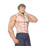  1boy abs bara brown_hair clenched_hand dog_tags idolmaster idolmaster_side-m jewelry looking_at_viewer male_focus muscular muscular_male nipples open_mouth pectorals purple_eyes shingen_seiji short_hair smile solo sweat tan tanlines teeth topless_male wanggamza 