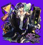  aononchi bandages bangs black_jacket black_pants green_eyes hair_between_eyes highres hood hoodie jacket jewelry kenmochi_touya long_sleeves necklace nijisanji open_clothes open_mouth pants purple_background purple_hair shoes short_hair smile speaker sword virtual_youtuber weapon white_hoodie 