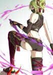  arataki_itto ass bare_shoulders black_gloves black_mask black_shorts fishnet_top fishnets genshin_impact gloves green_hair highres horns kuki_shinobu mask mouth_mask ngkhyn ninja_mask oni_horns purple_eyes short_shorts shorts stepped_on tattoo white_hair 