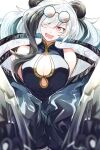  1girl animal_ears arknights black_hair breasts china_dress chinese_clothes cleavage cleavage_cutout clothing_cutout coat dress fangs feater_(arknights) grey_hair highres iwashi_80 large_breasts long_hair multicolored_hair own_hands_together panda_ears red_eyes streaked_hair 