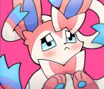  2021 :&lt; ambiguous_gender begging blue_eyes blush blush_lines eeveelution fur kemono narrowed_eyes nintendo park_horang paws pink_background pink_body pink_fur pink_paws pok&eacute;mon pok&eacute;mon_(species) raised_paw ribbons simple_background solo sylveon video_games white_body 