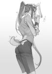  ! 1boy animal_ears ass black_pants blush from_behind gradient gradient_background greyscale highres long_hair long_sleeves monochrome pants ponytail profile rabbit_boy rabbit_ears rabbit_tail shirt_tucked_in solo spoken_exclamation_mark suncle tail the_legend_of_luo_xiaohei twitter_username very_long_hair vest wuxian_(the_legend_of_luoxiaohei) 