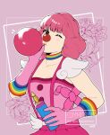  1girl ace_attorney artist_name balloon bangs clown_nose floral_background geiru_toneido gloves hannreina highres long_hair multicolored_clothes one_eye_closed outline parted_lips phoenix_wright:_ace_attorney_-_spirit_of_justice pink_background pink_gloves pink_hair rainbow solo upper_body white_outline 