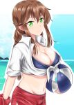  1girl absurdres ball bangs beach beachball bikini black_bikini blue_sky braid breasts brown_hair cleavage cloud day green_eyes highres kantai_collection large_breasts looking_at_viewer nipa_(graf_xsr900) noshiro_(kancolle) official_alternate_costume open_clothes open_shirt outdoors red_scrunchie red_shorts scrunchie shirt shorts sky solo swept_bangs swimsuit tied_shirt twin_braids upper_body white_shirt wrist_scrunchie 