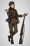  1girl absurdres brown_hair canada canadian_army cigarette cigarette_case commission gun highres load_bearing_equipment military military_rank_insignia military_uniform original pointy_ears puttee remora25 rifle simple_background smoking standing uniform weapon world_war_i 