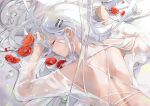  1girl closed_eyes dema_hmw flower hair_ornament hairclip highres long_hair long_sleeves lying on_stomach original see-through see-through_sleeves solo upper_body wet wet_clothes white_hair 