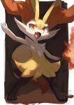  1girl animal_ear_fluff animal_ears arm_up black_fur border braixen burning commentary digitigrade english_commentary fang fire fox_ears fox_tail full_body furry furry_female highres holding holding_stick ikei looking_at_viewer multicolored_fur open_mouth orange_eyes orange_fur outside_border pokemon pokemon_(creature) signature sketch skin_fang smile solo stick tail tsurime white_border white_fur yellow_fur 