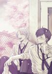  2boys :d beer_can can door holding holding_can id_card kazuki_sara lanyard loose_necktie male_focus miyasumi_tatsuru multiple_boys necktie outdoors pants petals pocket ryman&#039;s_club shiratori_mikoto_(ryman&#039;s_club) shirt short_hair sitting smile white_shirt 